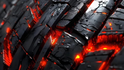 Close-up of rugged tire tread glowing with fiery red light, hyper-realistic.