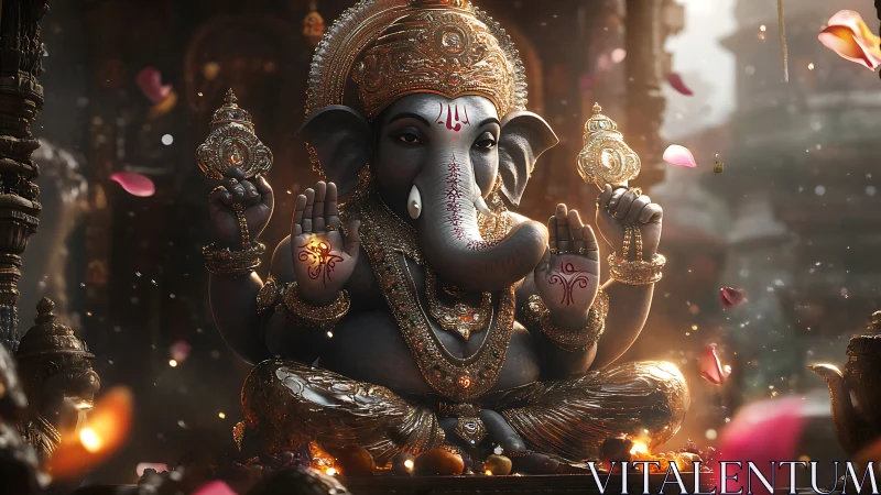 Highly detailed Ganesha idol with ornate gold ornaments and volumetric lighting