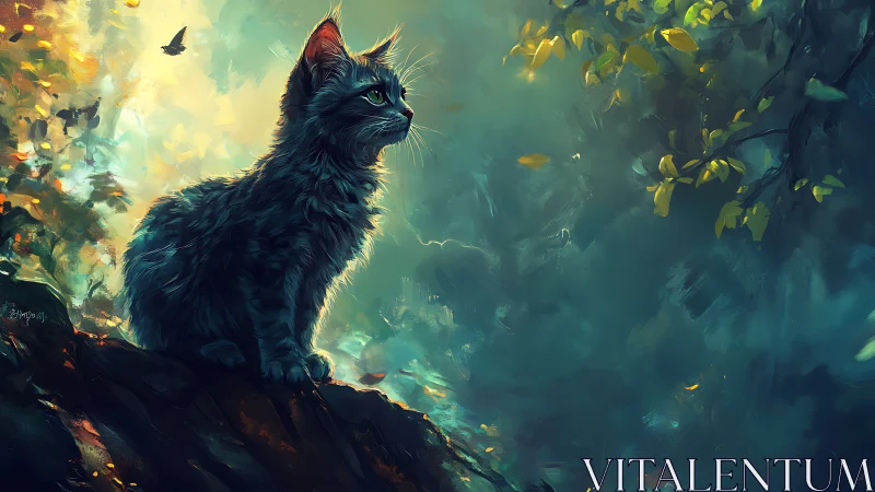 Black Cat on Stone Ridge in Mystical Forest Setting.