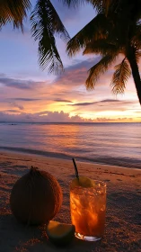 Tropical Sunset Beach with Coconut Drink and Palm Fronds.