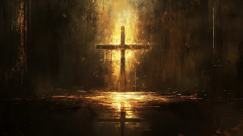Luminous golden cross in dark abstract atmospheric space