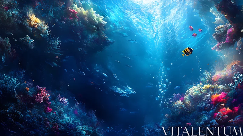 Vibrant coral reef glows beneath crystal blue ocean light.