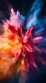 Multicolor powder burst suspended against dark background.