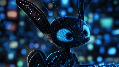 Cybernetic blue-eyed robot insect against neon bokeh grid.