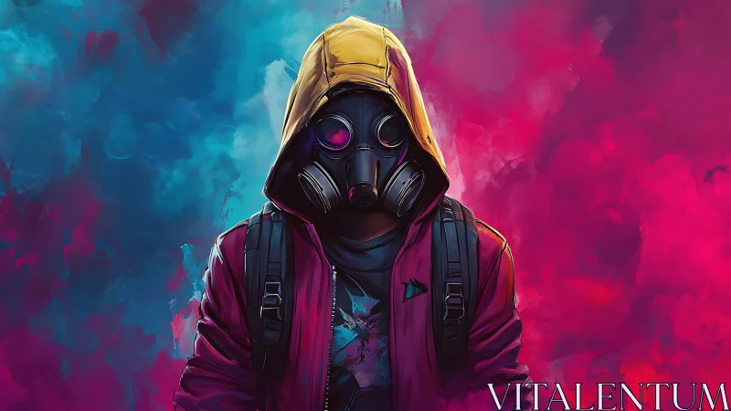 Hooded wanderer in neon mist with bold urban attitude.