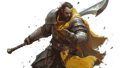 Armored warrior lunges forward with axe in dynamic arc