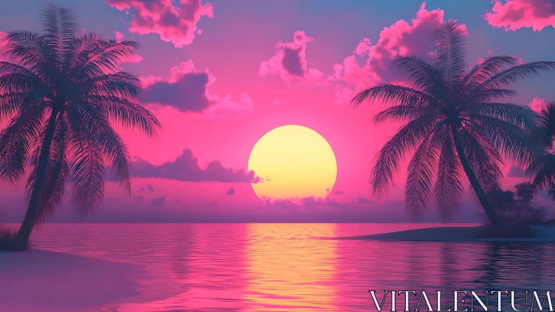 Neon sunset sinks behind tropical palms over glowing water