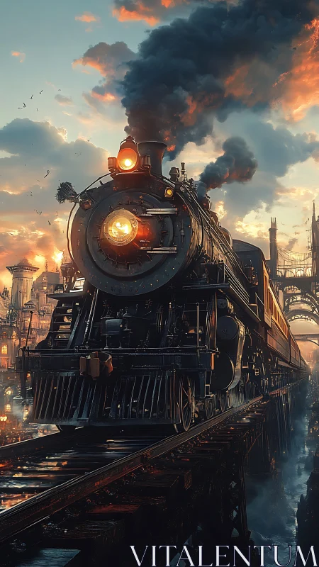 Steam titan storms a twilight skybridge above glowing city.