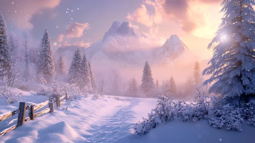 Gentle winter sunrise over snowy path and quiet mountains.