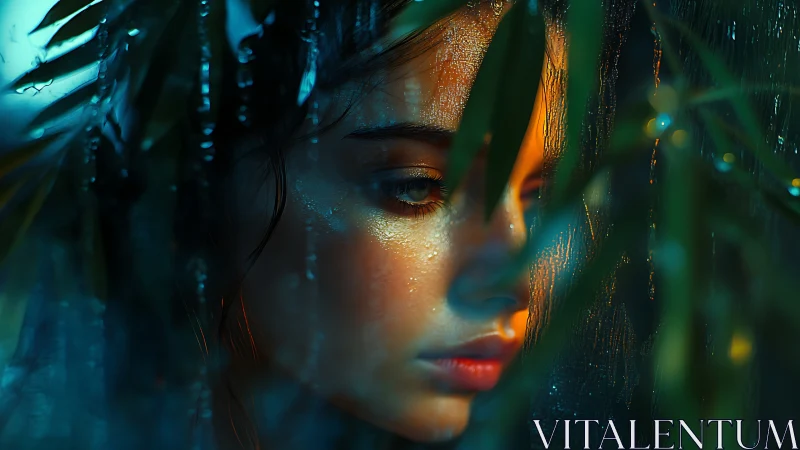 Cinematic portrait isolates a rainlit face behind wet foliage