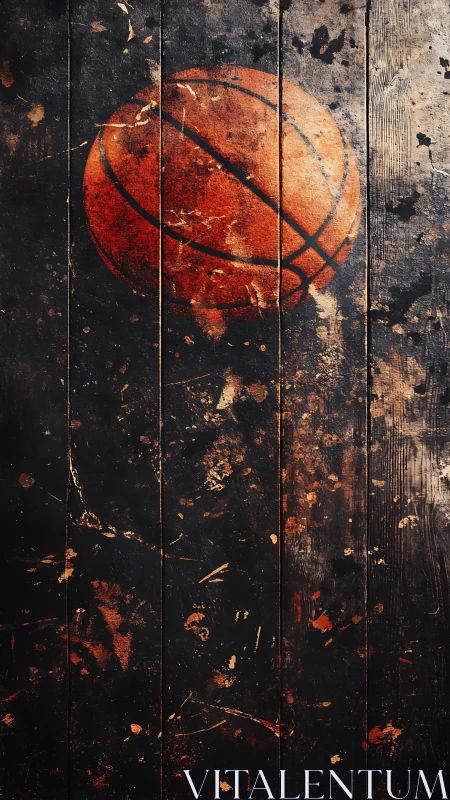 Weathered basketball painting on dark distressed boards.
