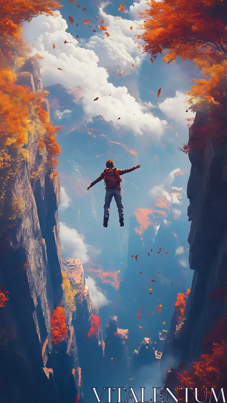 Solo skydiver plunges through autumn canyon of clouds.