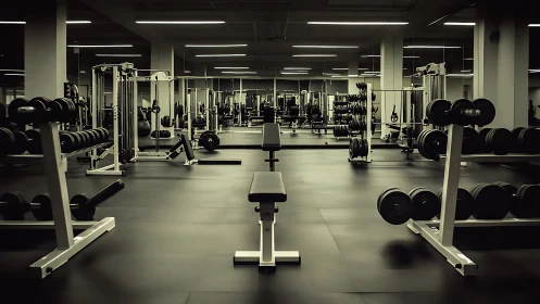 Modern weight room stands empty in moody, low-key lighting.