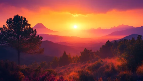 Radiant alpine sunset over layered violet mountain ridges.