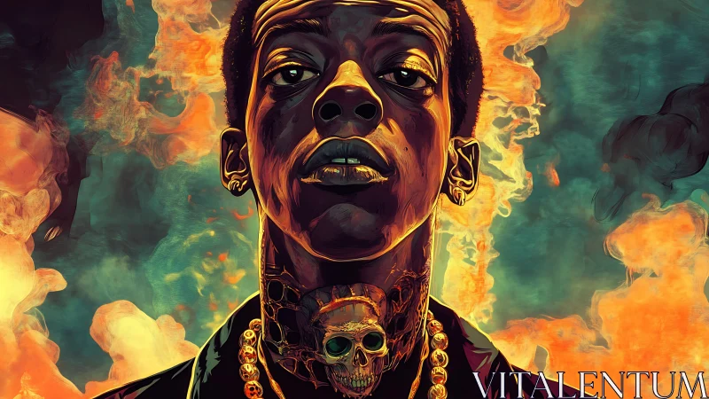 Digital portrait of rapper in flames with gold skull chain.