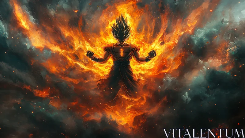 Backlit energy warrior silhouette framed by turbulent flaming vortex