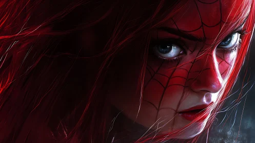 Intense red‑haired heroine in webbed mask close‑up portrait.
