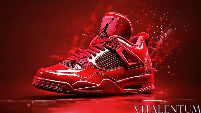 Glossy red sneaker bursts forward in bold liquid motion