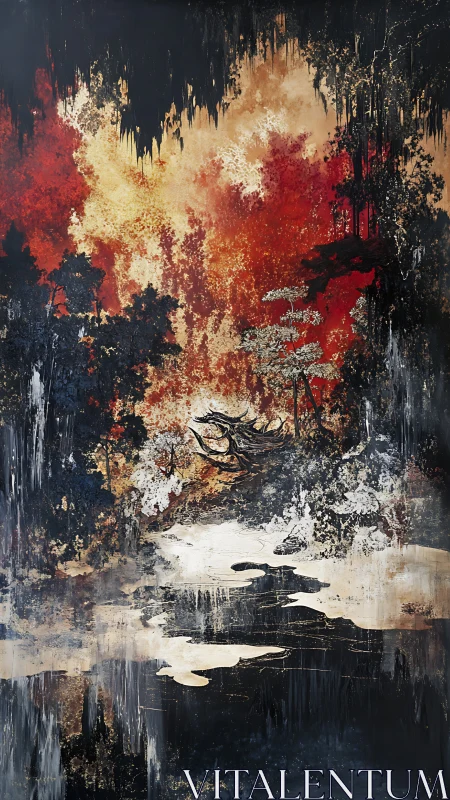 Abstract autumn forest over mirrored water surface.