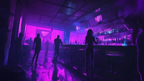 Neon soaked lounge glows as silhouettes drift through night