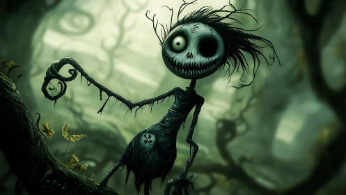 Emaciated ragdoll creature stalks twisted forest branch