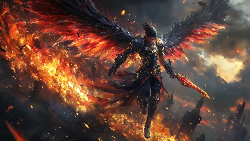 Armored winged warrior descends over burning battlefield