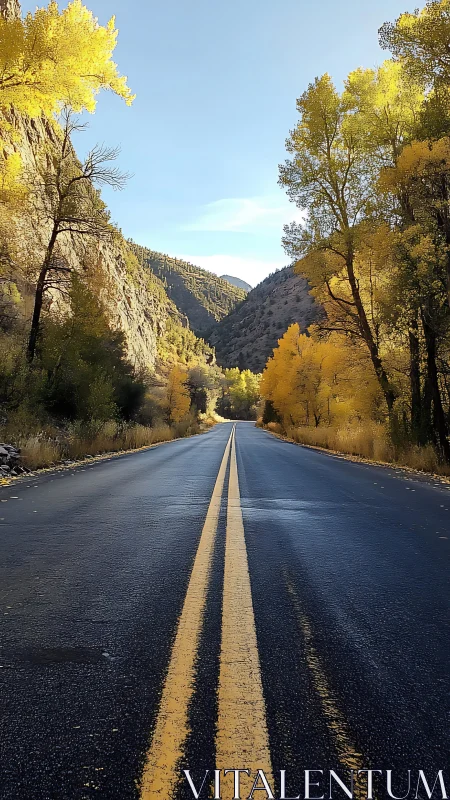 Wet asphalt canyon road with converging lines and autumn foliage