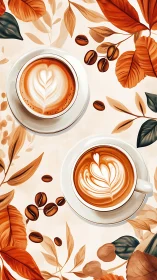 Latte art cups rest amid autumn coffee leaves and beans.