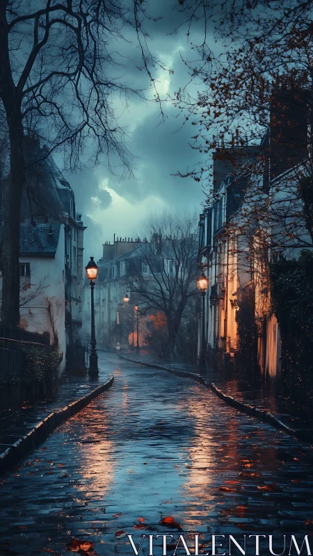 Rainy evening street with wet cobblestones and lamps.