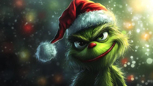 Mischievous green creature in vivid Christmas lighting.