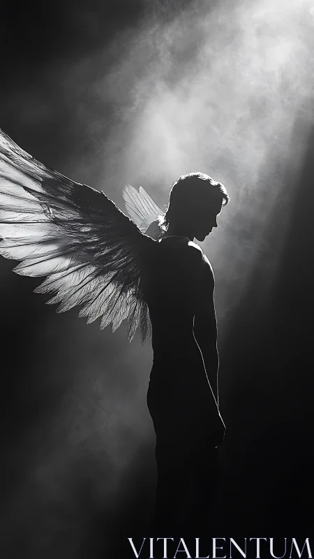 Winged human silhouette in dramatic backlit spotlight.