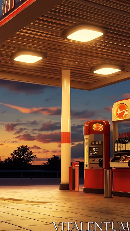 Sunlit retro gas station glows against vivid sunset sky.