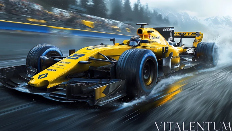 Yellow formula race car on wet mountain circuit in motion.