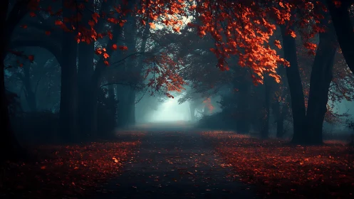 Moody forest path framed by dark trees and red leaves.