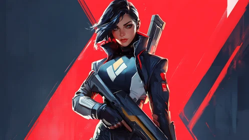 Neon vanguard soldier poised against blazing crimson void.