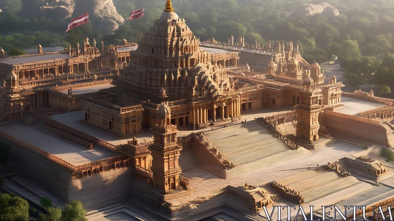 Sunlit sandstone temple complex rises above forested plains.