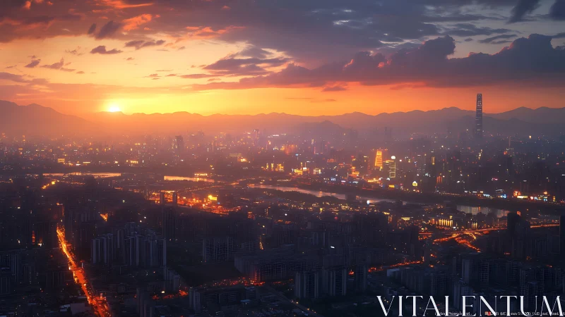 Sunlit city horizon glowing under a dreamy evening sky.