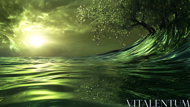 Green reflective ocean surface under bright distant sun.