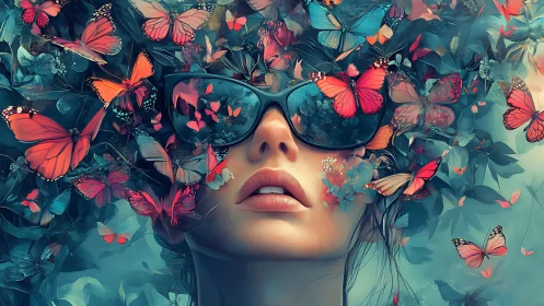 Butterfly thoughts spill from mirrored shades into wild bloom