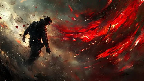 Dynamic digital painting of lone figure against crimson storm.