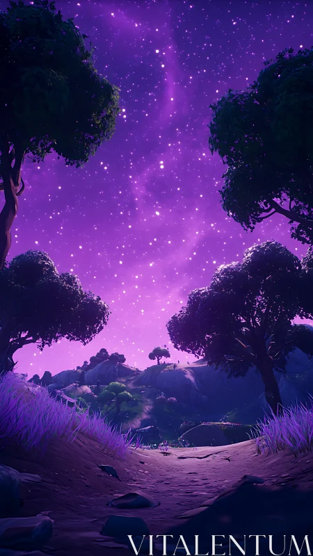 Starlit violet sky above stylized valley pathway at night.