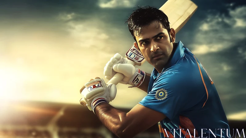 Cricketer prepares powerful batting stance under stadium lights.