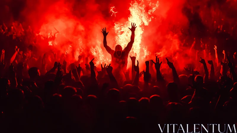Crowd raises silhouettes under intense red concert flares