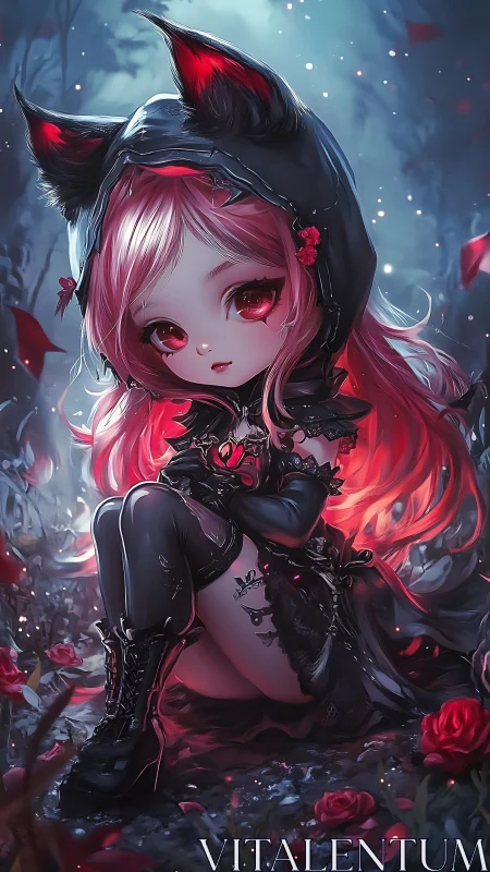 Moonlit chibi fox girl glows softly in a dark rose forest