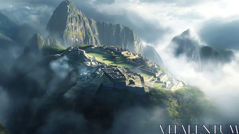 Misty mountain citadel rests gently above the emerald valley