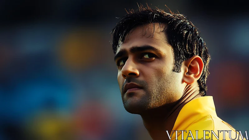 Male subject in yellow top against blurred stadium backdrop.