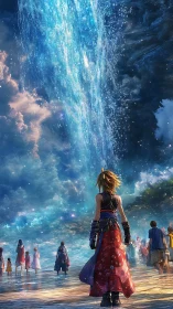 Backlit wanderer approaches luminous vertical aurora waterfall