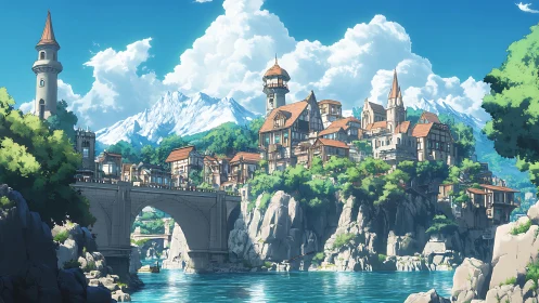 Riverside cliff town with bridges beneath alpine mountains.