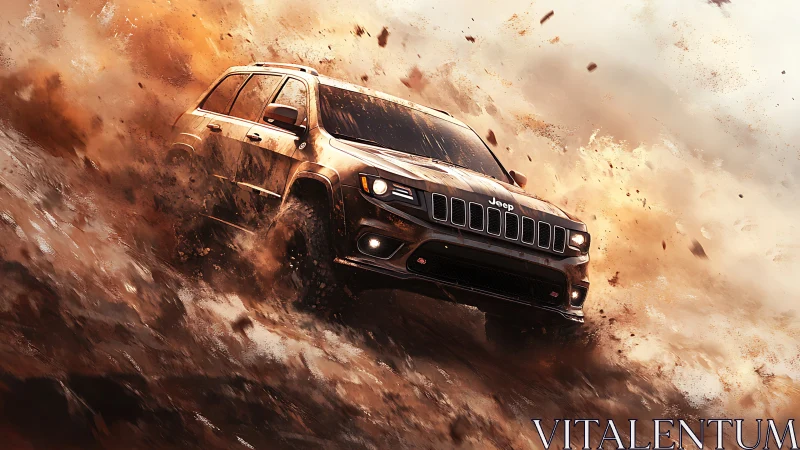 Jeep SUV powers through dense flying mud and debris.