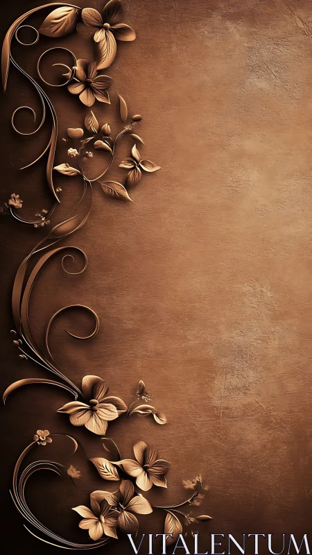 Embossed bronze floral scrollwork on textured vertical backdrop